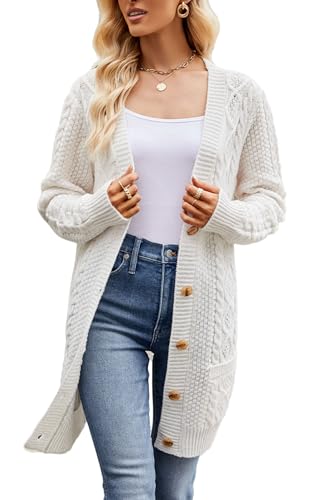 Image of Velius Women V Neck Button Down Cable Knit Open Cardigan Sweater with Pockets