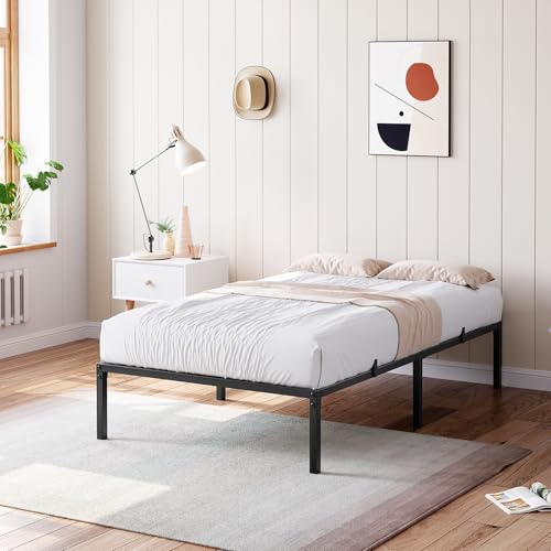 Plattform-Bettrahmen aus Metall, Queen-Bettrahmen, Aufbewahrung unter dem Bett, Lattenhalterung aus robustem Stahl, kein Federrost erforderlich, einfache Montage, Schwarz (Twin Size)