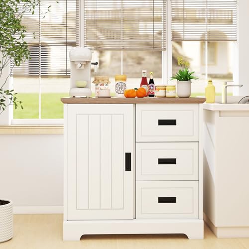 COSTWAY Elegant Sideboard Storage Cabinet, Kitchen Buffet with Sliding Doors, 3 Drawers & Adjustable Shelf, Coffee Bar Display Unit for Dining Room (White) - Image 9