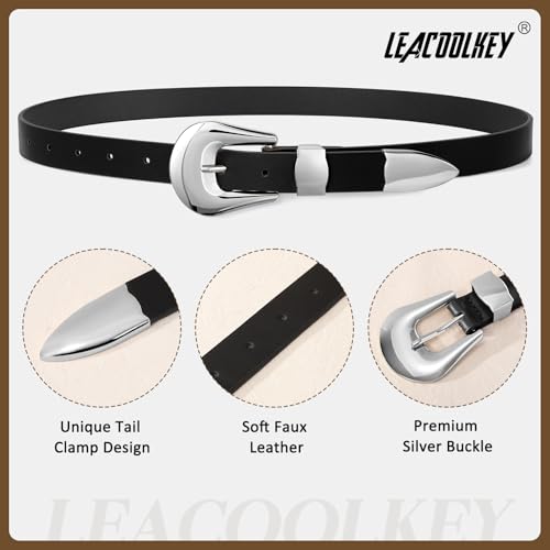 LEACOOLKEY Women Leather Belt Ladies Faux Leather Belt for Jeans Dress Fashion Silver Gold Buckle Waist Belt 51", Suit waist size 41"-44"3