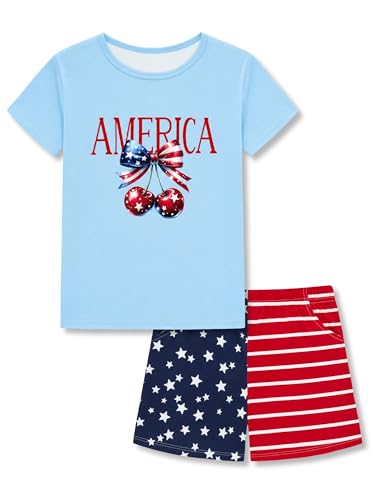 Beezizac Girls Pajamas Patriotic America Cherry Print July 4th Independence Day Short Sleeve PJ Set for Kids Size 8