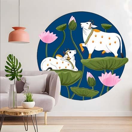 Image of Pichwai Cow Wallpaper for Mandir 3x3 Feet - Self-Adhesive Vinyl Peel & Stick, Removable Marble Wall Sticker for Pooja Room & Temple Walls (Pichwai Cow Lotus) (3X3)