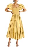 PRETTYGARDEN Women's Casual Summer Midi Dress Puffy Short Sleeve Square Neck Smocked Tiered Ruffle Dresses (Yellow,Small)