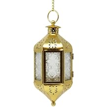 VELA LANTERNS 11.5" Hanging Moroccan Decorative Candle Lantern Lamp Indoor/Outdoor Tea Light Candle Holder for Patio, Porch, Ramadan or Home Decor, Gold