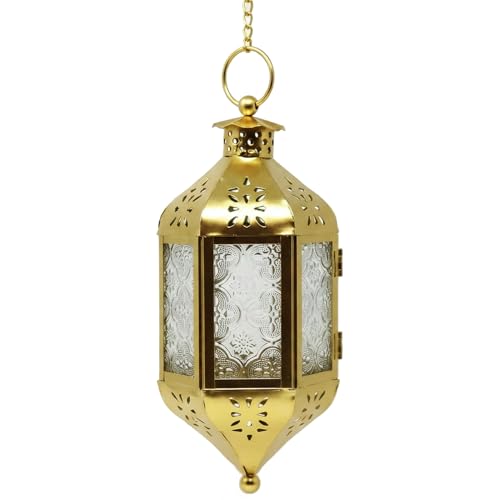 Vela Lanterns 11.5" Hanging Moroccan Decorative Candle Lantern Lamp – Indoor/Outdoor Tea Light Candle Holder for Patio, Porch, Ramadan or Home Decor, Gold