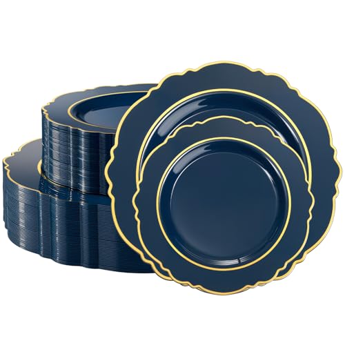 realluck 100PCS Navy Blue and Gold Plastic Plates,Elegant Plates Reusable