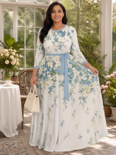 Image of Plus Size Maxi Dress for Women V Neck 3 /4 Sleeve Wrap Dress
