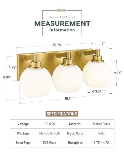 Image of Bathroom Light Fixtures, 3-Light Brushed Gold Vanity Light, Modern Wall Sconces with Milk White Globe Glass Shade, Vanity Lighting Fixtures Over Mirror, VL195-BG-ML-3