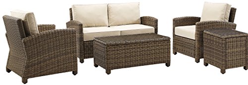 Crosley Furniture Ko70050Wb-Sa Bradenton Outdoor Wicker 5-Piece Seating Set (Loveseat, 2 Arm Chairs, Side & Coffee Table), Weathered Brown With Sand Cushions #TOP22