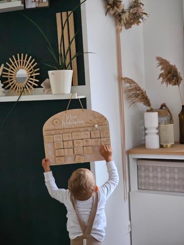 Basis Wochenplan mit Gräsern für Kinder aus Holz mit 7 Aktivitätskarten, Edition Kindergarten mit 33 Klettpunkten