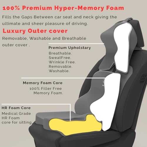 Image of MRRON Memory Foam Posture Corrector Car Seat Cushions Combo | Orthopedic Backrest, Coccyx Cushion & Neckrest | Ergonomic Lumbar Comfort Seat Cushion | Reduces Sciatica (Grey, Long Back)