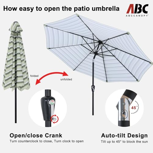 Image of ABCCANOPY 9FT Patio Umbrella Outdoor 8 Ribs Table Umbrella | Fade & UV Resistant Fabric,8 Fiberglass Ribs,Smooth Crank System,Green Stripes,Great for Patio,Backyard,Garden,Deck