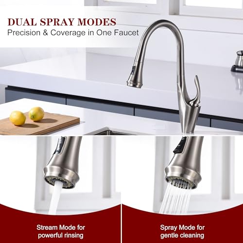 Image of sumerain Brushed Nickel Single Handle Pull Out Kitchen Faucet, Stainless Steel 1 Hole Kitchen Sink Faucet with Pull Down Sprayer