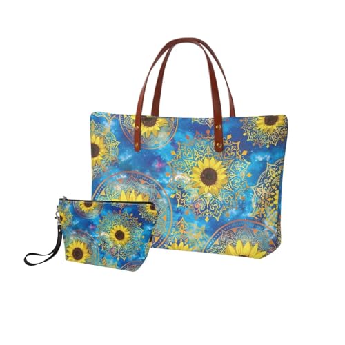 Image of Boho Sunflower Tote Bag with Wallet, Large Top Handle Purse Shoulder Satchel Handbag Purse, Light Hobo Bag with Cosmetic Case, Handbag and Wallet Set for Women, Gift for Mom, Blue