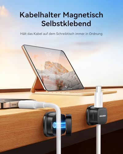 Rocoren Kabelhalter Selbstklebend kabelhalter Starker Magnetisch Kabelmanagement Kabelclips Organizer Holder für Schreibtisch, Nachttisch, Office, Büro, Ladekabel, HDMI, Audiokabel 18 Stück Schwarz