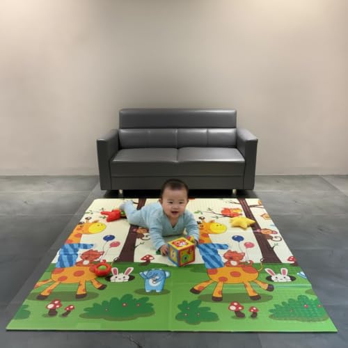 Image of Premium Reversible Baby Play Mat | Extra Large Soft Foam Crawling Mat for Babies & Toddlers | Non-Slip, Waterproof, Easy to Clean | Foldable Learning Play Mat for Indoor & Outdoor (6.5 X 5 ft, 0.8 cm Thickness) Cartoon-Giraffe, Multicolor