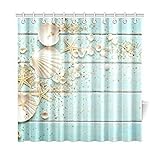 InterestPrint Seashell Home Decor, Sand Starfish Blue Wooden Back Polyester Fabric Shower Curtain Bathroom Sets 72 X 72 Inches