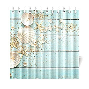 InterestPrint Seashell Home Decor, Sand Starfish Blue Wooden Back Polyester Fabric Shower Curtain Bathroom Sets 72 X 72 Inches