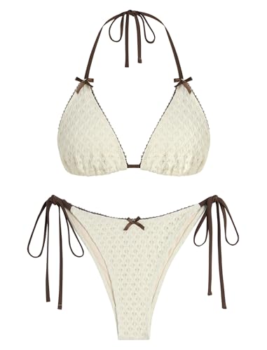 Image of ZAFUL Bikini Sets for Women Halter Bow Decor Tiny Floral Gingham Print Swimsuit Tie Side 2 Pieces Bathing Suit