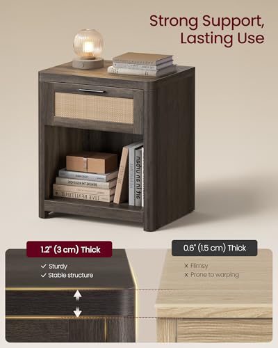 Image of VASAGLE Set of 2 Boho Nightstands with Rattan-Look Drawer | Accent Side End Tables, Open Compartment, Rounded Corners, for Bedroom Bedside, Taupe Brown, ELLAN Collection ULET818TC01