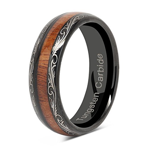 100S JEWELRY 6mm Mens Womens Black Wedding Bands Tungsten Ring Koa Wood Inlaid Silver Scroll Comfort Fit Size 5-133