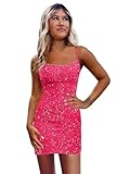 Sparkly Hot Pink Sequin HOCO Dresses 2025 Spaghetti Strap Short Corset Tight Homecoming Prom Dress for Teens 0