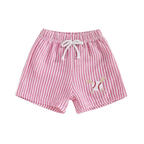 Gaono Baby Boy Striped Shorts Elastic Waist Golf Cart/Tractor/Baseball/Football Embroidery Summer Shorts Short Bottoms (Pink, 6-12 Months)
