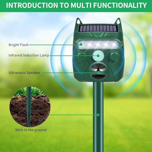 Répulsif à ultrasons pour animaux à énergie solaire avec détecteur de mouvement et LED clignotante pour protéger le jardin contre les chats, les chiens, les écureuils, les renards, les cerfs et les