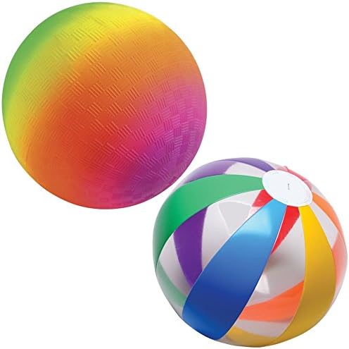 Rainbow Kickball And Clear Rainbow Beach Ball Bundle - One 18 inch Jumbo Kickball And One 16 inch Multi Color Striped Beach Ball - Perfect For Indoors, Outdoors, Beach, Swimming Pool - For All Ages