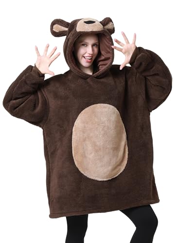 dressfan Costume d'ours à capuche en microfibre et sherpa pour homme et femme, marron, taille unique