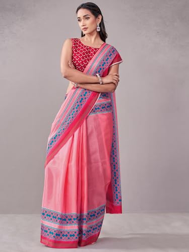 Image of Satrani Women's Silk Printed Saree with Unstitched Blouse Piece
