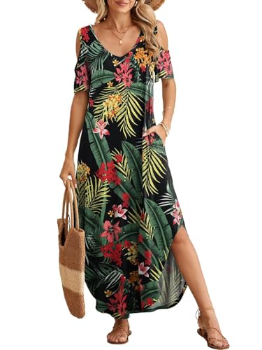 Image of BELAROI Womens Cold Shoulder Maxi Dress Plus Size V Neck Summer Sundresses with Pockets Beach Coverup Vacation Outfits