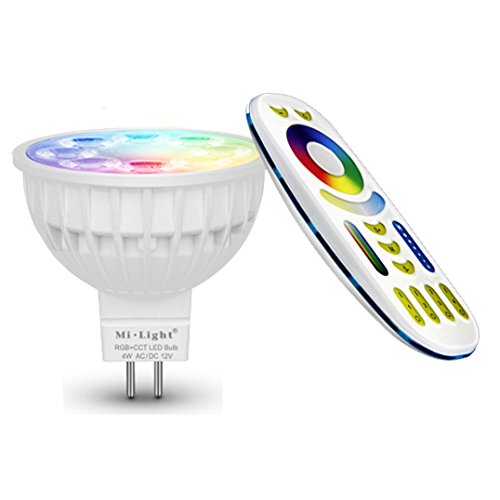 Lighteu, 1 x Ampoule LED Multicolore RVBCCT/RGBCCT, WiFi, 4W/GU5.3, Milight original® possible de contrôler par Télécommande sans fil 2.4GHz RF, Android ou iPhone (1 x 4W/GU5.3 + Télécommand)