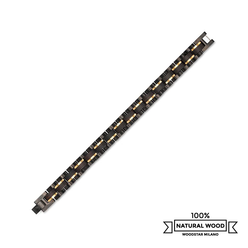 WOODSTAR (BLACK PYTHON) Bracelet pour homme en acier et bois, bijoux de mode masculin, bracelet réglable noir or B20-010, Il bracciale può essere regolato su misura, Acier inoxydable Acier allié Bois,