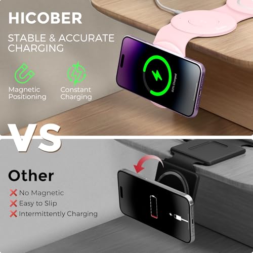 Image of Hicober 3 in 1 Wireless Charging Station for Apple Watch and iPhone Air 17 16 15 14 13 12 Pro Max /Plus, Magnetic Foldable Wireless Travel Charger Station Stand for Airpods iWatch All Series Pink