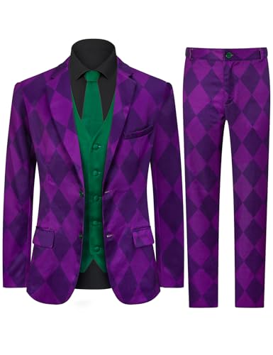 Fashonal Purple Joker Suit - Dark Knight Adult Men's Costume with Blazer, Pants, Vest and Tie, Purple Size M