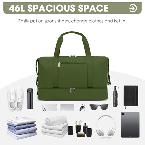 Image of Oeihuivt Weekender Bags for Women - 21 Inch Large Travel Duffel Bag with Shoe Compartment, Heavy-Duty Canvas Leather Carry On Overnight Tote, Green-1A, 21, Weekend Trip