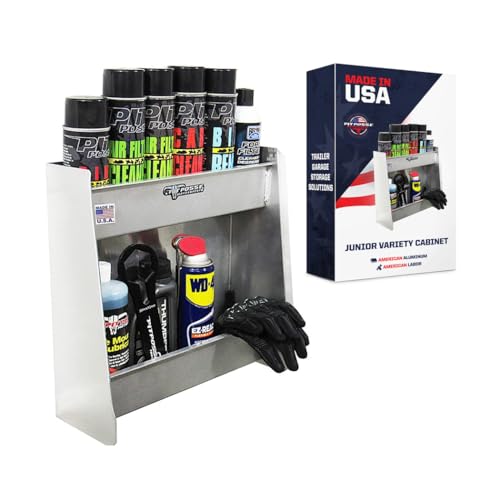 Pit Posse 604 Junior Variety Shelf Storage Cabinet Organizer Enclosed Cargo Race Trailer Shop Garage - Made in USA - Aluminum Cabinet Stores 6 Oil Quarts and 6 Aerosol Cans - 5 Year Warranty