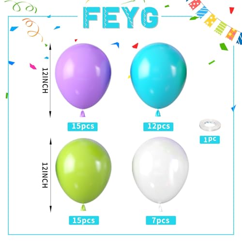 Image of Blue Green Purple Balloons 50PCS 12 Inch Fruit Green Teal Blue Pearl White | Purple Balloons with Ribbon for Birthday Baby Shower Theme Party Decorations