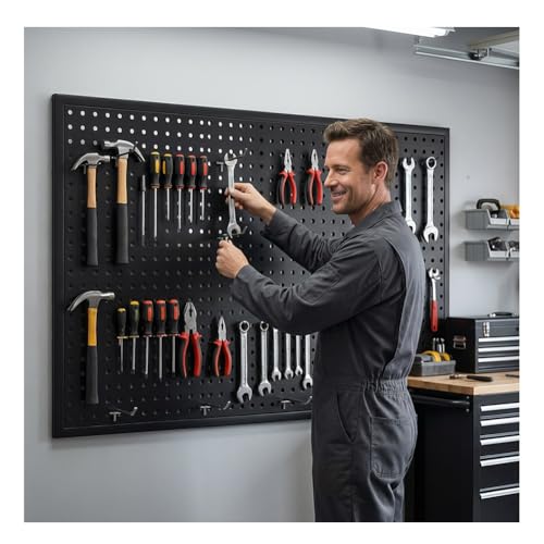 Rygcrud Tablero Metálico Perforado para Organizar Herramientas En El Garaje, Tableros Perforados Panel De Almacenamiento De Pared con 30 Ganchos, para El Hogar Y La Oficina, Cocina(Black,100x100cm)