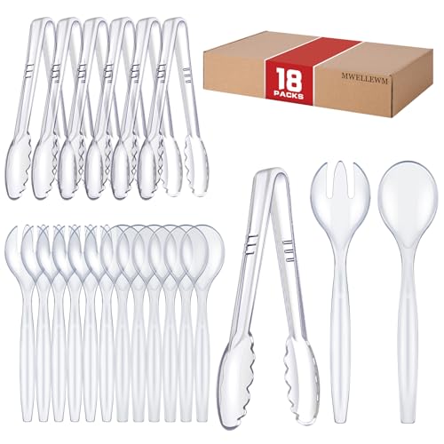 Mwellewm 18Pcs Serving Utensils 10 Plastic Serving Utensils Set Large Disposable Serving Spoons for Buffet Tongs for Serving Food Party Supplies for Salad Soup Noodles Dinner Catering(Clear)