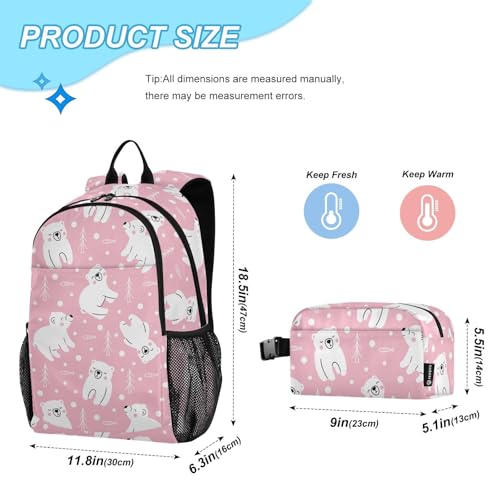 Animals Kids Backpack Cute Arctic Polar Bears Pinks School Bookbag with Lunch Bag for Boys Girls Preschool Kindergarten Elementary Laptop Daypack2