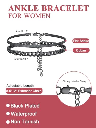 Image of FOCALOOK Anklet Bracelets Set for Women, 14K Gold Plated Waterproof Cuban Link Chain Layered Anklets Set for Plus Size Ankle 8-10.5 Inch Adjustable Summer Beach Jewelry Gift