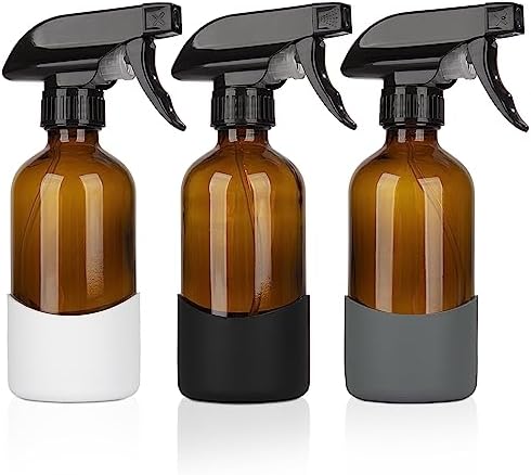 HOMBYS 8 Oz Empty Amber Glass Spray Bottles with Silicone Sleeve Protection Refillable Containers for Cleaning Solutions, Essential Oils, Misting Plants - Quality Sprayer - 3 Pack Boston Bottles