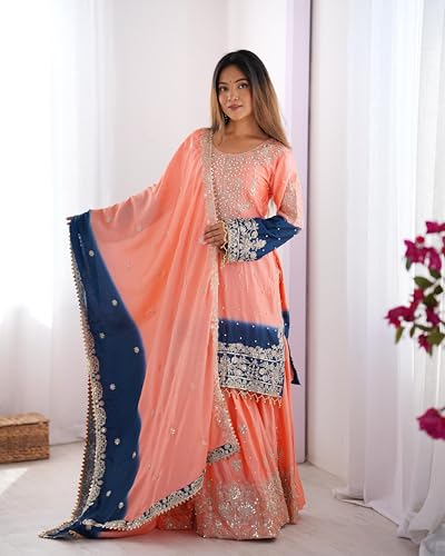 Image of Pandadi Saree Women's Chinon Silk Embroidery Kurta Sharara Set With Dupatta.