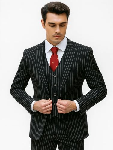 Mens Vested Gangster Pinstripe 1920's Suit in Black2