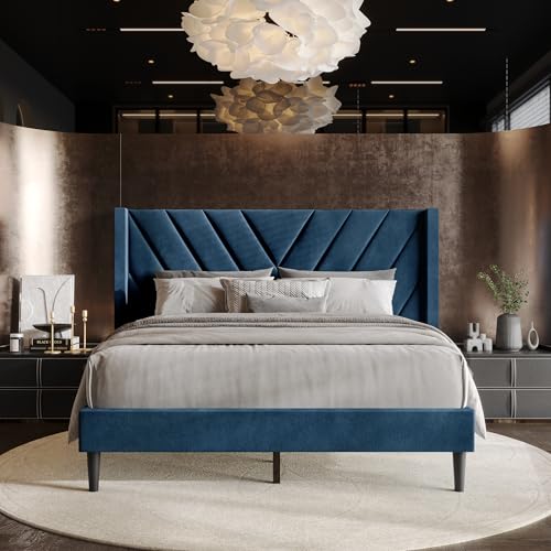 Castle Place Queen Platform Bed Frame with Chevron-Stitched Wingback Headboard Velvet Upholstery No Box Spring Needed Easy Assembly Navy Blue