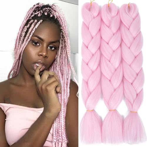 Royota Pink Jumbo Braiding Hair Extension High Temperature Synthetic Colored Braid in Hair For Women Twist Box Braid Crochet Hair(3 Packs 24inch, Light Pink)