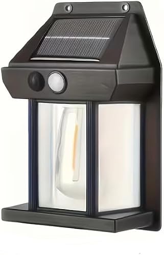 Solar Powered Outdoor Wall Light with Motion Sensor, Lantern Style, Warm White Filament Bulb, Black