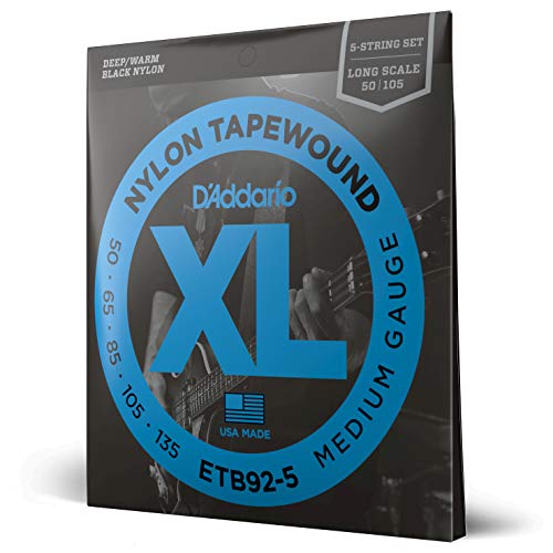 D'Addario Bass Guitar Strings, Tapewound Black Nylon, ETB92-5, Long Scale, Medium Gauge 50-135, 5-String Set, Pack of 1 by D'Addario - Used condition - US$45.94